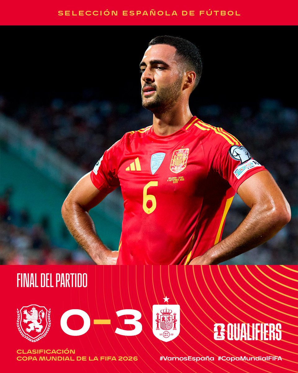 🏁 ¡¡𝗙𝗜𝗡𝗔𝗟 𝗗𝗘𝗟 𝗣𝗔𝗥𝗧𝗜𝗗𝗢!!

Los primeros tres puntos en la fase de clasificación para el Mundial ya están en el bolsillo.

📖 Lee la crónica: rfef.es/es/noticias/cr… 

🇧🇬 🆚 🇪🇸 | 0-3 | 90+3'

#VamosEspaña | #CopaMundialFIFA