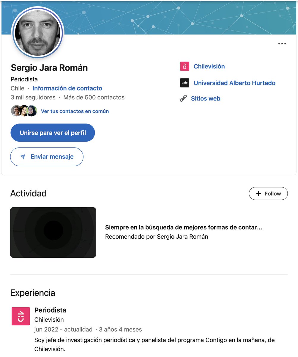 🔴El Linkedin de Sergio Jara Román (hermano de la candidata Jeannette Jara) dice que es jefe de investigación periodística de Chilevision Y panelista del programa contigo en la mañana

Si es falso que no es jefe de investigación este perfil sería una mentira, lo que también es