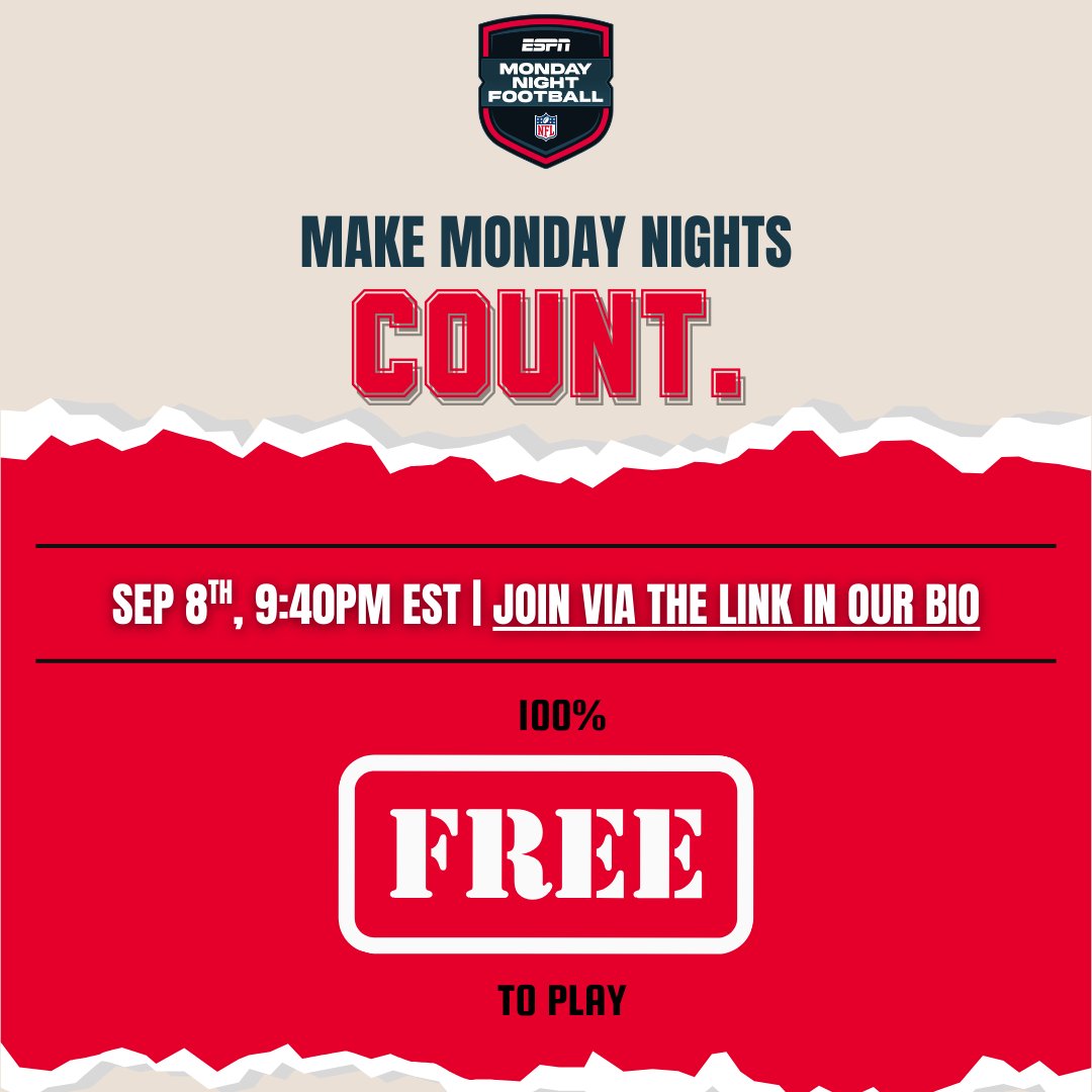 🏈 Monday, Sept 8 | 9:40 PM

MNF Trivia League kicks off!

Cash prizes. Club pride. Leaderboard glory.

Learn more 👉 bit.ly/41NyJX9
GAME ONE 👉 bit.ly/45O51E5 (Goes live at 9:40 on Monday Night!) 

#nfl #mnf #nfltrivia