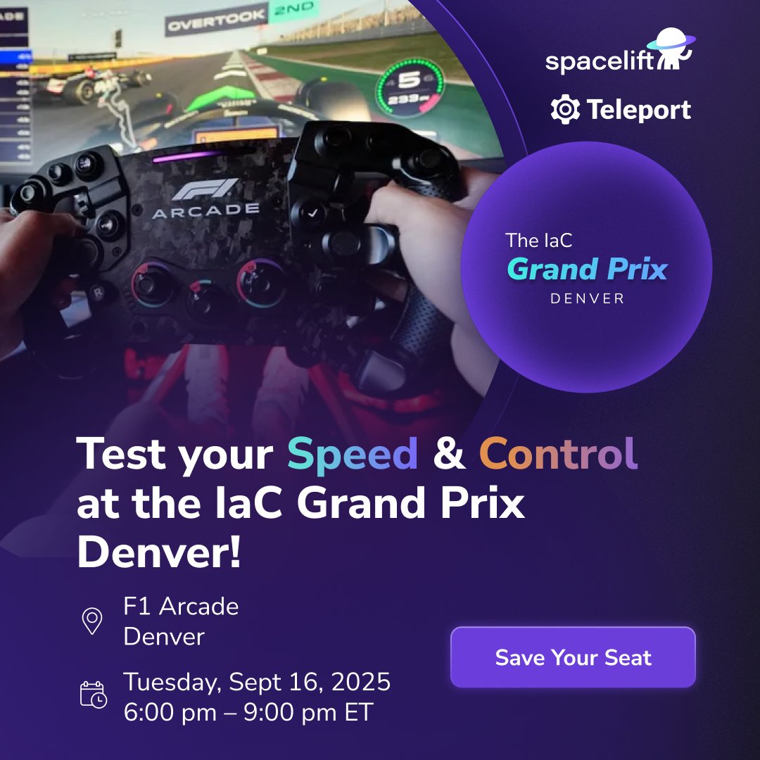 goteleport's tweet image. F1 proves it: speed only matters with control. Same for infrastructure.
Join Teleport + @Spaceliftio at the IaC Grand Prix Denver after @DevOpsDaysRox:
📍 Sept 16 | 6–9 PM | F1 Arcade Denver
🏎️ Racing sims, DevOps networking, and speed vs. control
RSVP: events.spacelift.io/iac-grand-prix…