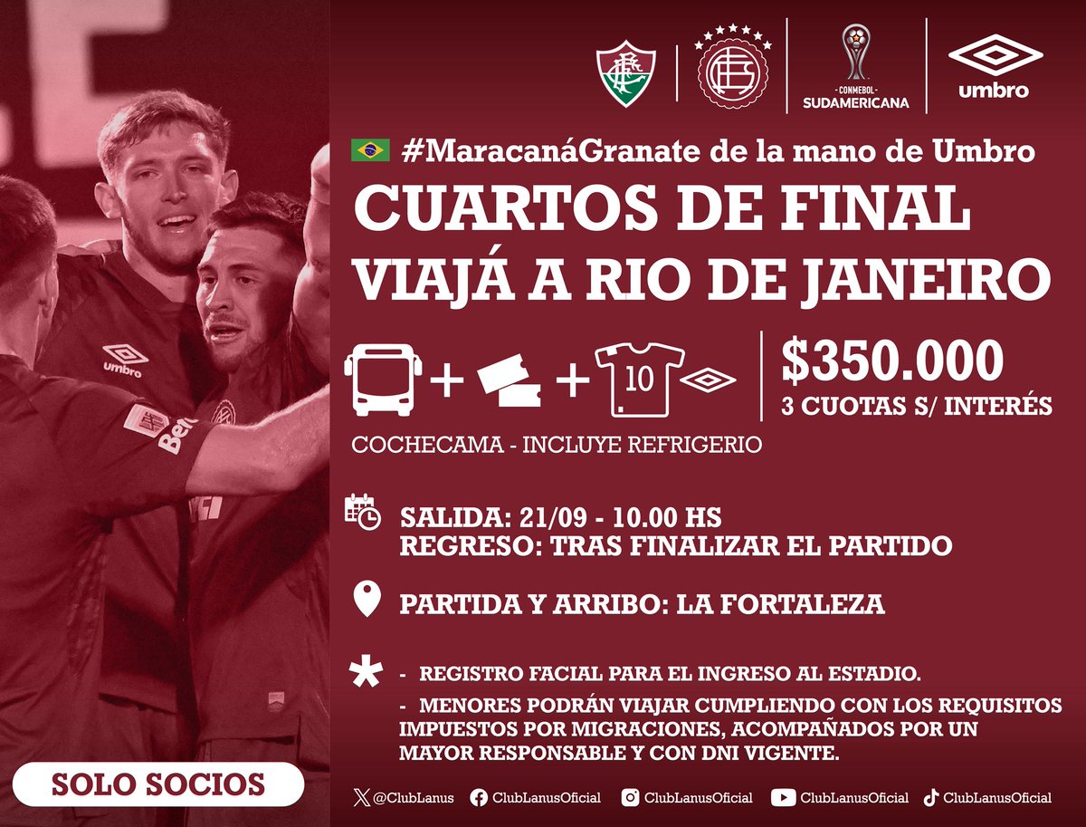 #𝗠𝗔𝗥𝗔𝗖𝗔𝗡𝗔𝗚𝗥𝗔𝗡𝗔𝗧𝗘 𝗗𝗘 𝗟𝗔 𝗠𝗔𝗡𝗢 𝗗𝗘 𝗨𝗠𝗕𝗥𝗢
🇧🇷🇱🇻 𝗩𝗜𝗔𝗝𝗔 𝗔 𝗥𝗜𝗢 𝗗𝗘 𝗝𝗔𝗡𝗘𝗜𝗥𝗢 𝗔 𝗔𝗟𝗘𝗡𝗧𝗔𝗥 𝗔𝗟 𝗚𝗥𝗔𝗡𝗔 

🚌✈️ PODÉS VIAJAR EN MICRO O VUELO CHARTER: 𝗘𝗫𝗖𝗟𝗨𝗦𝗜𝗩𝗢 𝗣𝗔𝗥𝗔 𝗦𝗢𝗖𝗜𝗢𝗦

𝗔𝗠𝗕𝗢𝗦 𝗣𝗔𝗖𝗞𝗦 𝗜𝗡𝗖𝗟𝗨𝗬𝗘𝗡 👇
🏟️