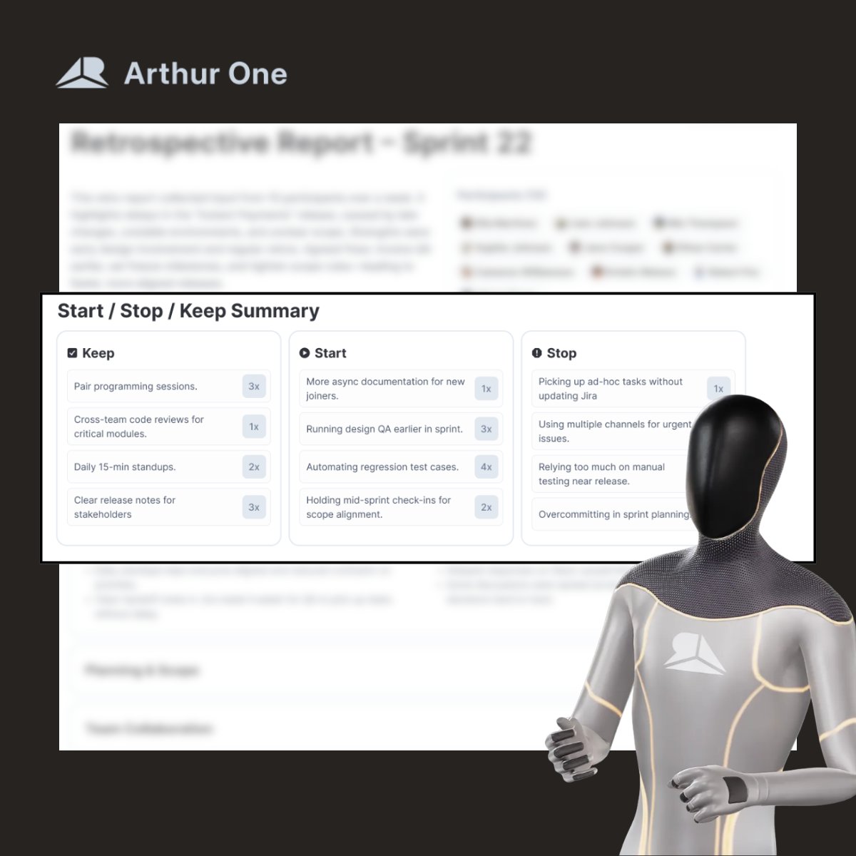 New month, time to run a new Start / Stop / Keep analysis

Arthur ensures your team stays on track and strengthens retrospectives when it's crunch time.