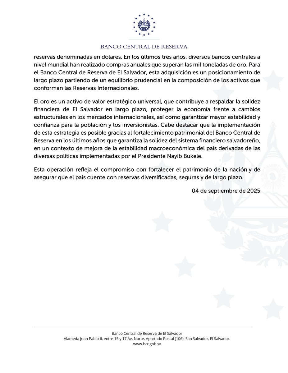 El Banco Central de Reserva informa que ha adquirido 13,999 onzas troy de oro, equivalentes a US$50 millones, como parte de la estrategia de diversificación de sus Reservas Internacionales.
