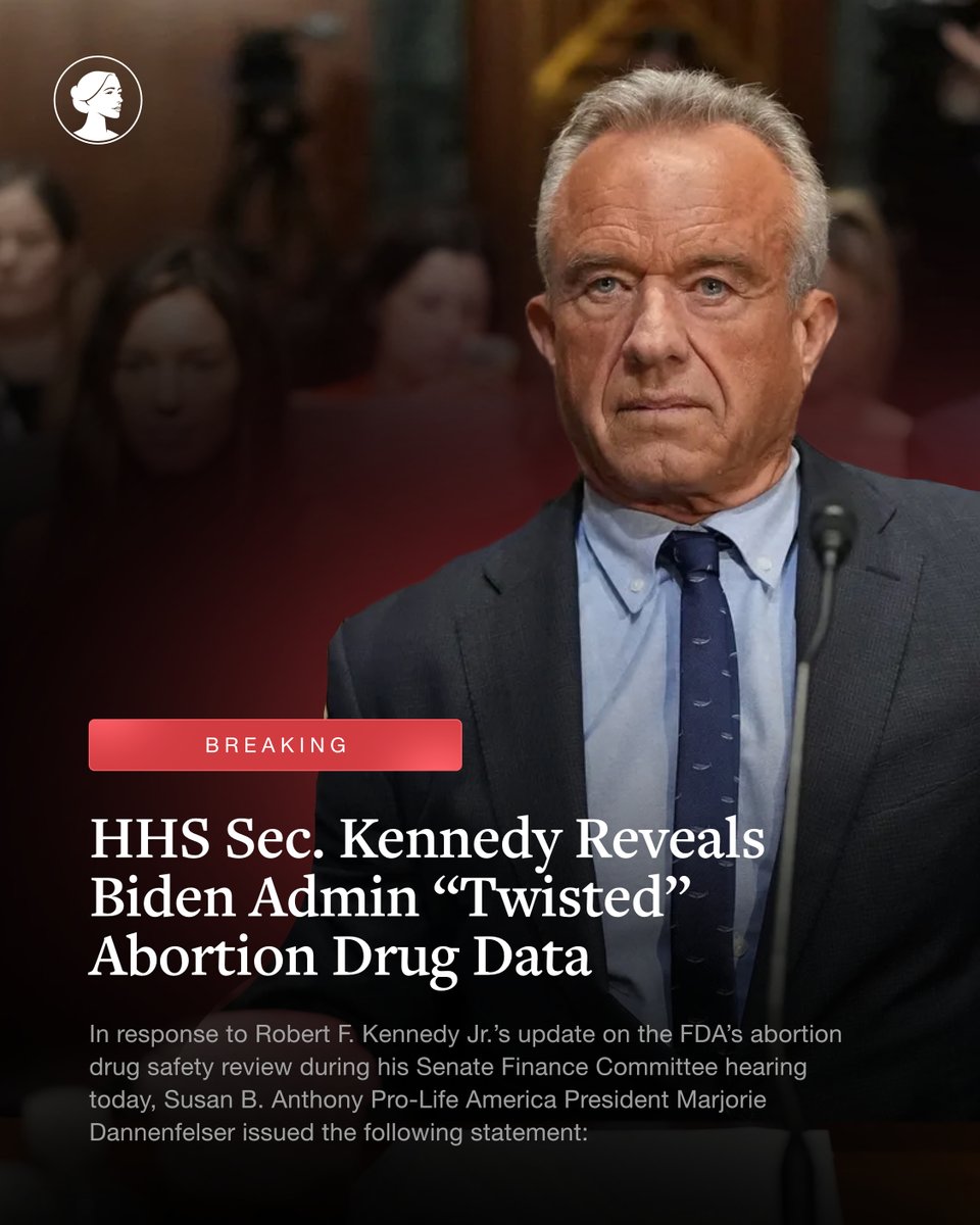 SBA Pro-Life America (@sbaprolife) on Twitter photo BREAKING: HHS Sec. <a href="/RobertKennedyJr/">Robert F. Kennedy Jr</a> Reveals Biden Admin "Twisted" Abortion Drug Data
In response to RFK Jr's update on the FDA’s abortion drug safety review during his Senate Finance Committee hearing today, @MarjorieSBA issued the following statement 🔽
sbaprolife.org/newsroom/press… BREAKING: HHS Sec. <a href="/RobertKennedyJr/">Robert F. Kennedy Jr</a> Reveals Biden Admin "Twisted" Abortion Drug Data
In response to RFK Jr's update on the FDA’s abortion drug safety review during his Senate Finance Committee hearing today, @MarjorieSBA issued the following statement 🔽
sbaprolife.org/newsroom/press…