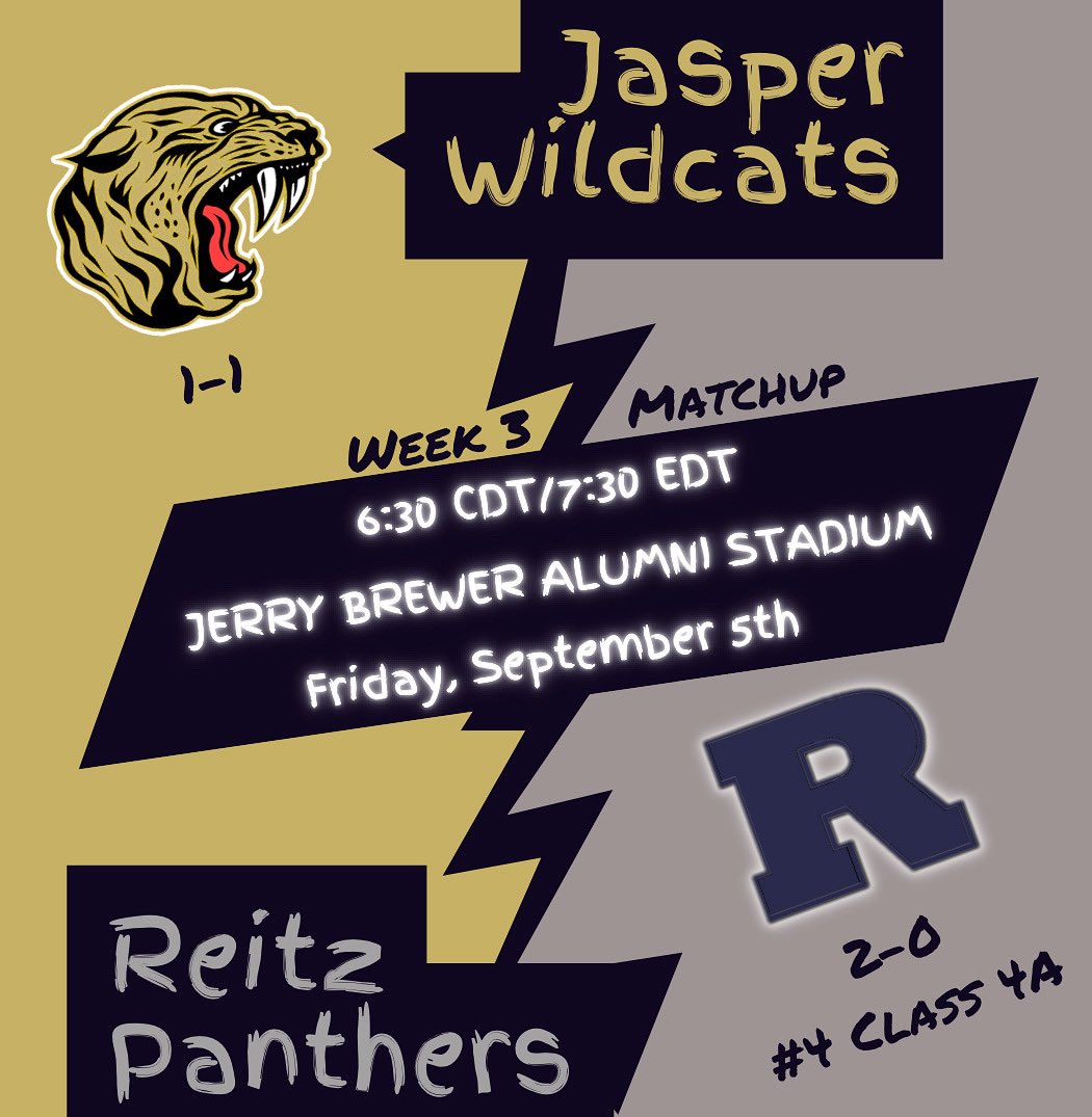 FJReitzFootball's tweet image. #AlmostFriday‼️
Week 3 will take the (2-0) Reitz Panthers to the home of the new look (1-1) Jasper Wildcats. 

Last week: Reitz defeated Lincoln 35-28.
Jasper defeated Harrison 43-6.

Last season: Reitz defeated Jasper 28-14 in week 3. Reitz defeated Jasper 36-14 in sectionals.