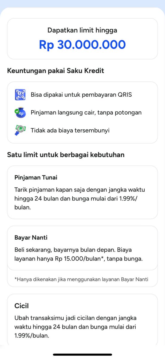 Gaspol langsung apply SAKU KREDIT di <a href="/dibantubanksaqu/">Bank Saqu</a>! Fasilitasnya mantap, bisa cicilan ringan, pinjaman tunai, sampai buy now pay later. Limitnya sampe 30 juta, bunganya kompetitif. Cocok buat yang butuh solusi cepat dan praktis.