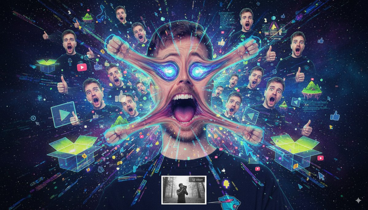 It's 2077 - and Mr. Beast is still the biggest YouTuber on the planet. Every video is AI generated. He's perpetually 27 years old. The first organic intelligence to crack the YouTube algorithm merged with ASI and became the attention singularity - a cosmic entity that exists