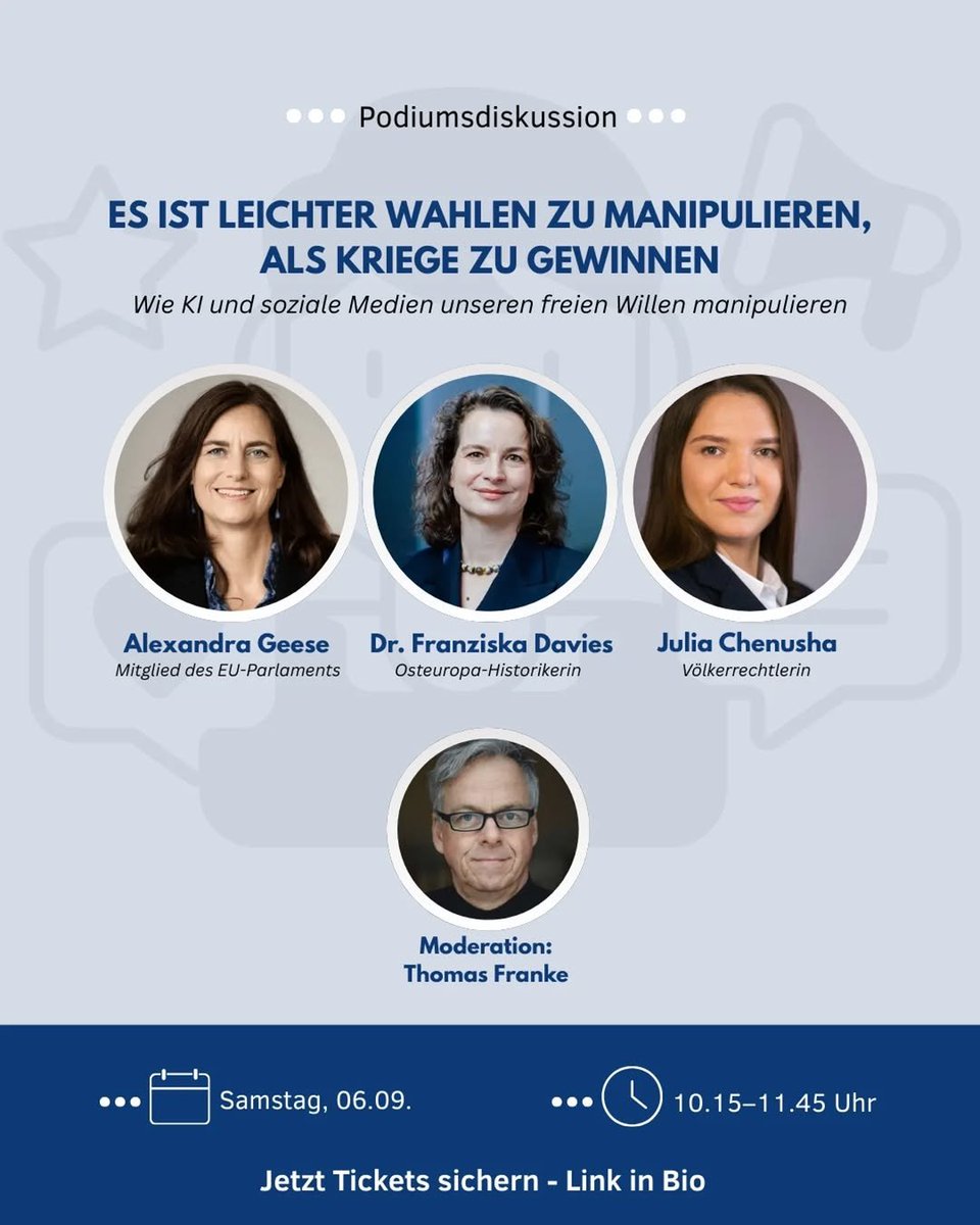 Das erste Panel an diesem Samstag auf dem Zukunftsforum Demokratie in Bonn.
<a href="/AlexandraGeese/">Alexandra Geese</a> <a href="/EFDavies/">Franziska Davies (ACCOUNT INACTIVE)</a> <a href="/JuliaChenusha/">Julia Chenusha, LL.M</a> diskutieren zum Thema
"Es ist leichter Wahlen zu manipulieren, als Kriege zu gewinnen"
Wie KI und soziale Medien unseren freien Willen manipulieren.
Schaut vorbei!