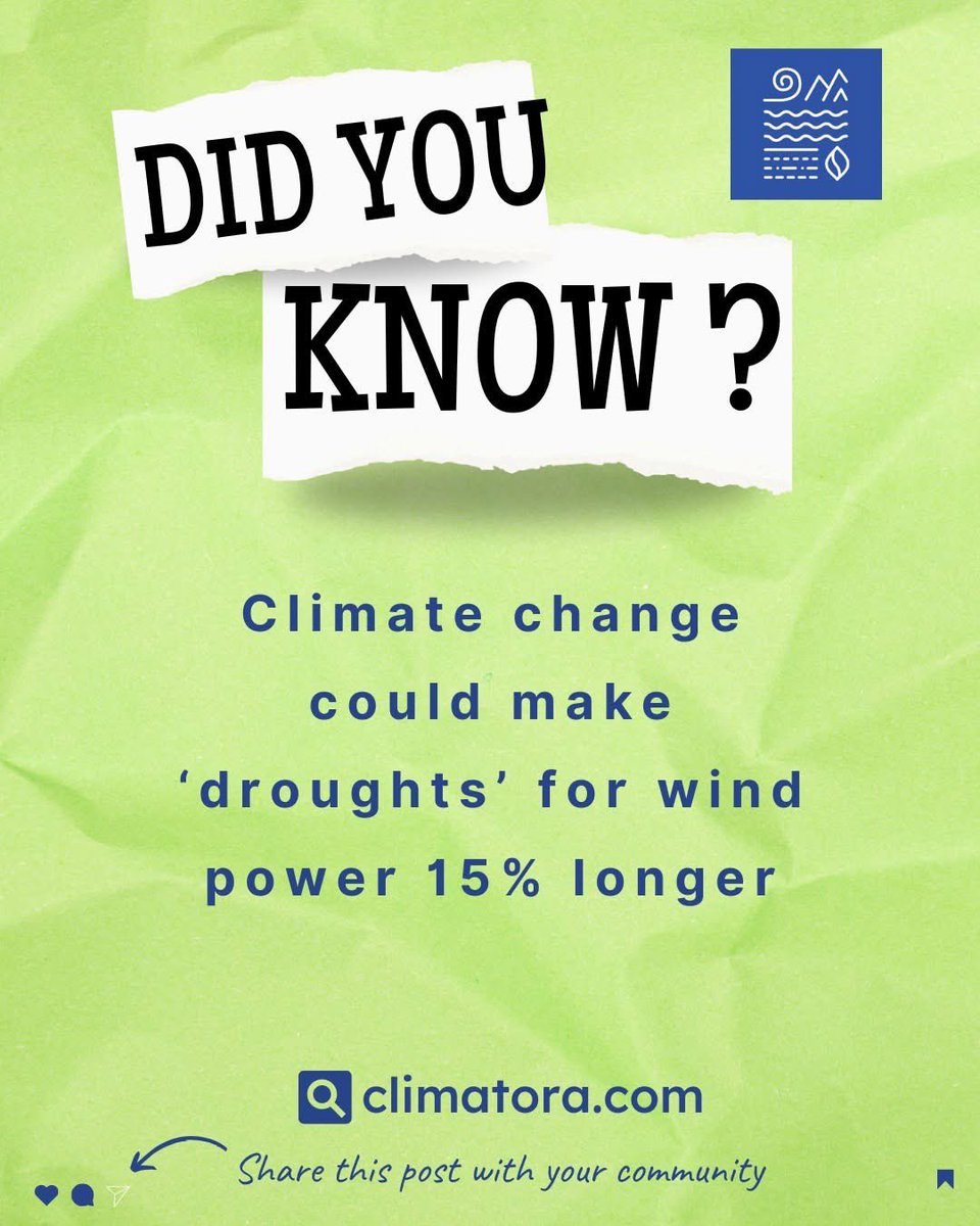 A new study in Nature Climate Change warns that wind droughts i.e. prolonged low wind events are becoming more frequent due to global warming and are threatening global wind power security, necessitating the need to diversify renewable energy to ensure stability. 
#ClimateChange