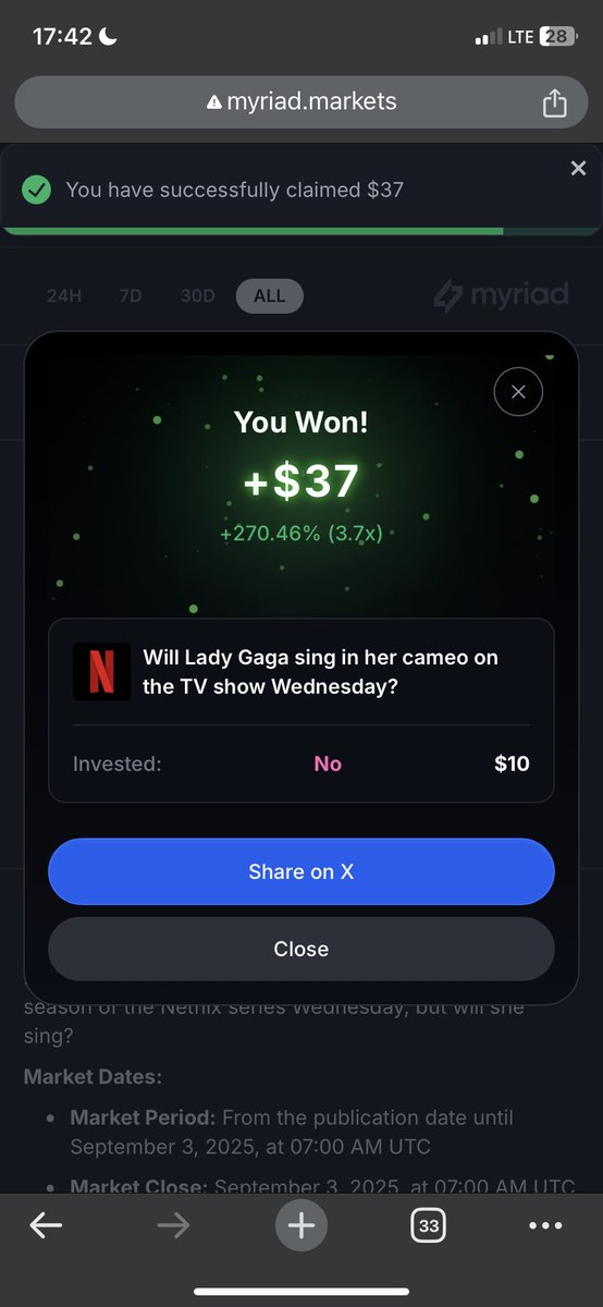 2nd W of the month 
Gambled part of my $WLTH stimmy on <a href="/MyriadMarkets/">MYRIAD</a> by predicting and I tripled it🤝