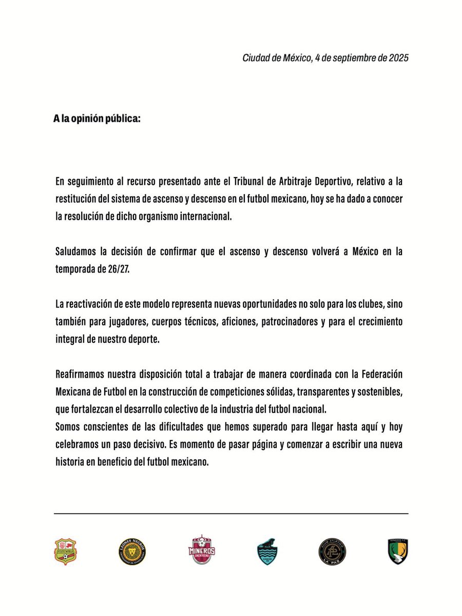 🚨 HAY ASCENSO 🚨 

Este se estará concretando para la temporada 26-27

La Federación Mexicana de Futbol tengo entendido que definirá las certificaciones. Pero el TAS y los equipos lo manifiestan así