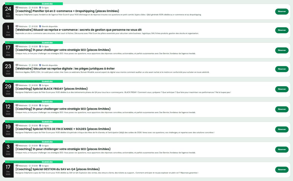 Il commence à avoir de la gueule ce planning de coachings / webinaires pour les membres Dotmarket non ?

Fini de tergiverser, on va level up sur l'accompagnement et le contenu proposés pour aider à passer à l'action !