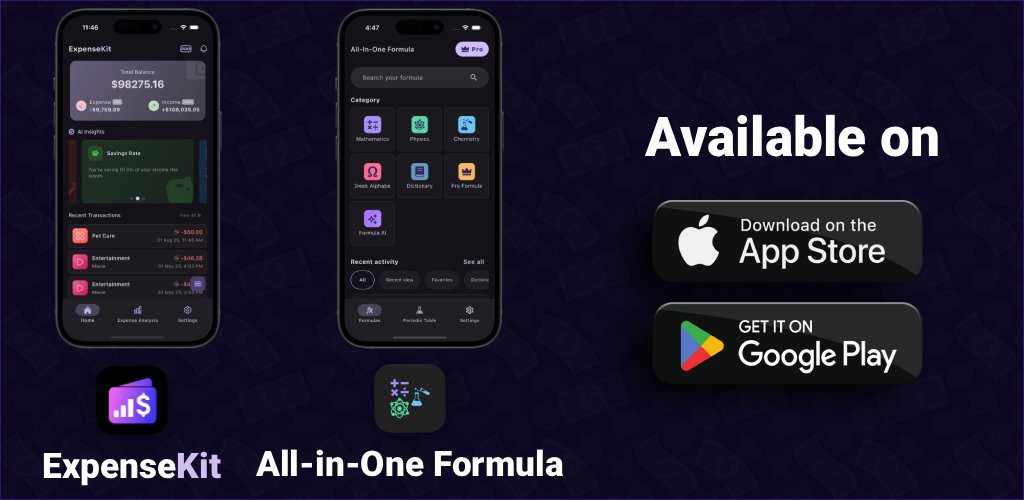 🎉 Exciting news! After multiple review attempts, 2 of my apps are finally live on the Apple App Store.

📱 All in One Formula - Math AI
👉 apps.apple.com/us/app/all-in-…

💰 ExpenseKit - Expense Tracker
👉 apps.apple.com/us/app/expense…

Try them out! Give feedback✨
#AppLaunch #iOS #AppStore