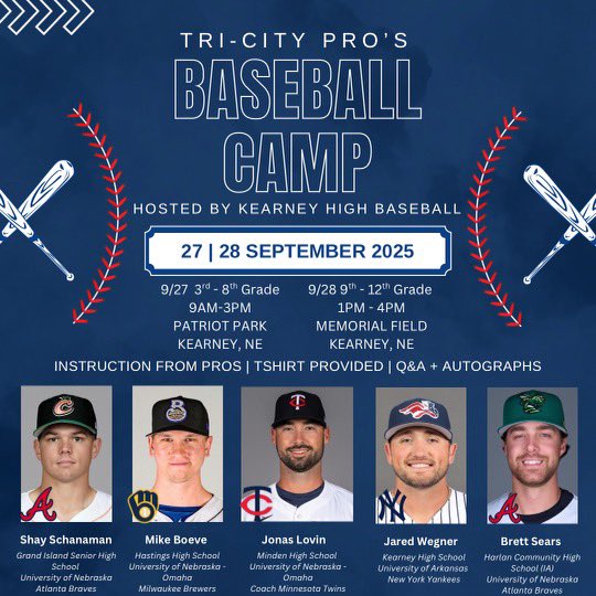 BaseballKearney's tweet image. ⚾️ Tri City Pros Baseball Camp ⚾️

Still time to register for camp!!

📅  &amp;amp;📍Dates and locations in flyer

Youth Camp: fan.hudl.com/tickets/VGlja2…

High School Camp: fan.hudl.com/tickets/VGlja2…