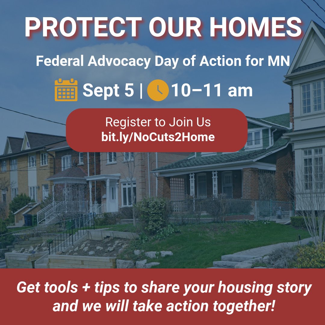 Congress wants to cut housing in their next budget. 

Cuts = more homelessness + instability for MN families. 

We need more housing, not less. 

Join us September 5, 10–11 a.m. for the Protect Our Homes Day of Action. Register 👉 bit.ly/NoCuts2Home #ProtectOurHomes