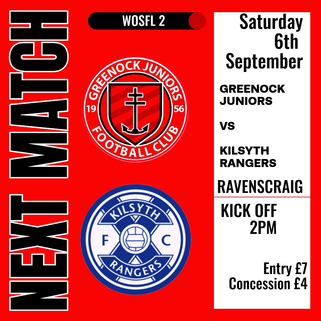 GREENOCKJFC's tweet photo. We welcome Kilsyth Rangers on Match day 7! Great to have your support to help the boys maintain the entertaining form of the last few weeks #monthenock🔴⚫️ https://t.co/DR4tUZArL0