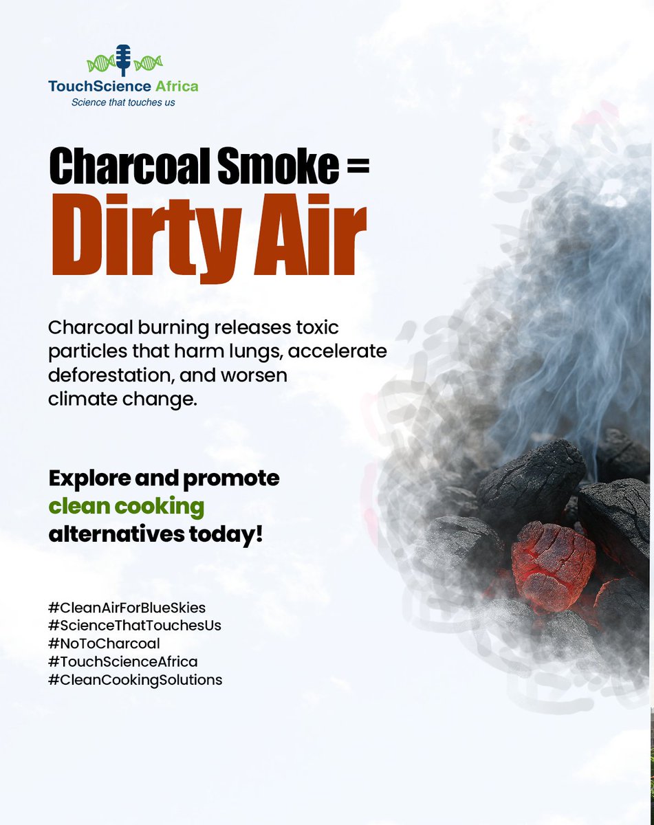 TouchscienceA's tweet image. Charcoal smoke = dirty air.

It harms lungs, destroys forests &amp;amp; fuels climate change.
Africa needs clean cooking alternatives NOW.
Say NO to charcoal dependence. Say YES to health &amp;amp; sustainability. 

#NoToCharcoal #CleanAirForBlueSkies #CleanCookingSolutions #TouchScienceAfrica