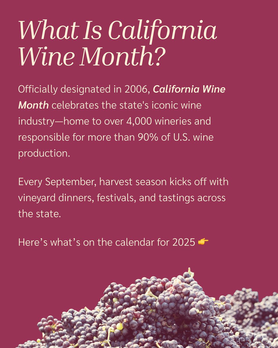 ClaretPlan's tweet image. 🍇 September is California Wine Month! From Lodi to Sonoma to Paso Robles, harvest season means festivals, tastings, and dinners across the state. Here’s what’s happening in 2025… 🍷✨

#CaliforniaWineMonth #WineCountry #BevAlc