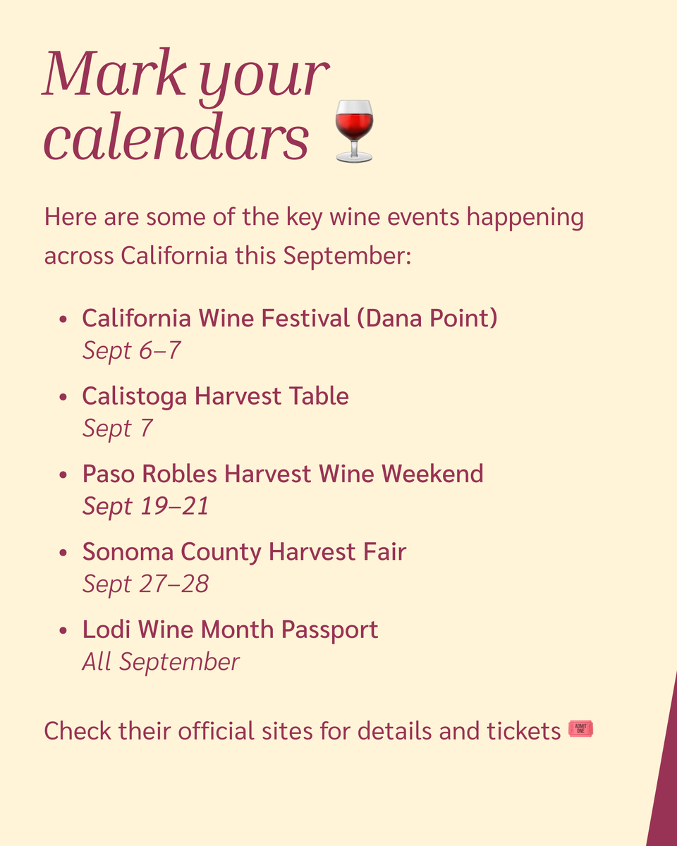 ClaretPlan's tweet image. 🍇 September is California Wine Month! From Lodi to Sonoma to Paso Robles, harvest season means festivals, tastings, and dinners across the state. Here’s what’s happening in 2025… 🍷✨

#CaliforniaWineMonth #WineCountry #BevAlc