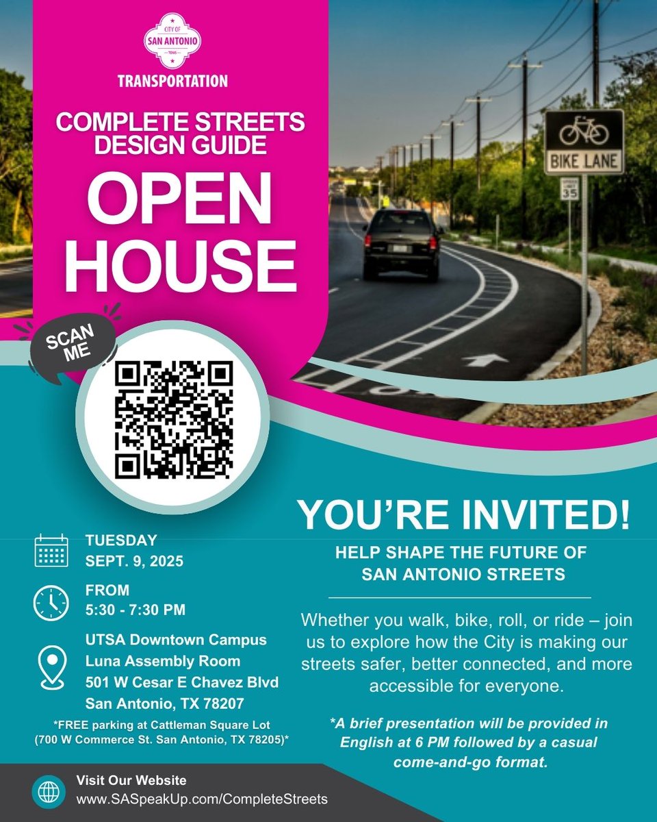 Be part of San Antonio's Complete Streets Design Guide process!🚶🏽‍♀️🧑🏻‍🦽🚲 @cosatranspo invites you to participate in the Complete Streets Design Guide Open House to learn how the they're working to make streets safer, more accessible, and better connected. 
SASpeakUp.com/CompleteStreets