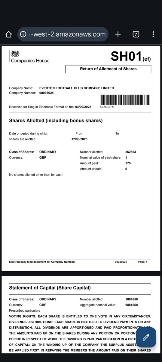 £46 million of new capital injected into Everton by Roundhouse Capital 
(262,863 new shares at £175 a share
Total shares in issue now stand at 1,884,650