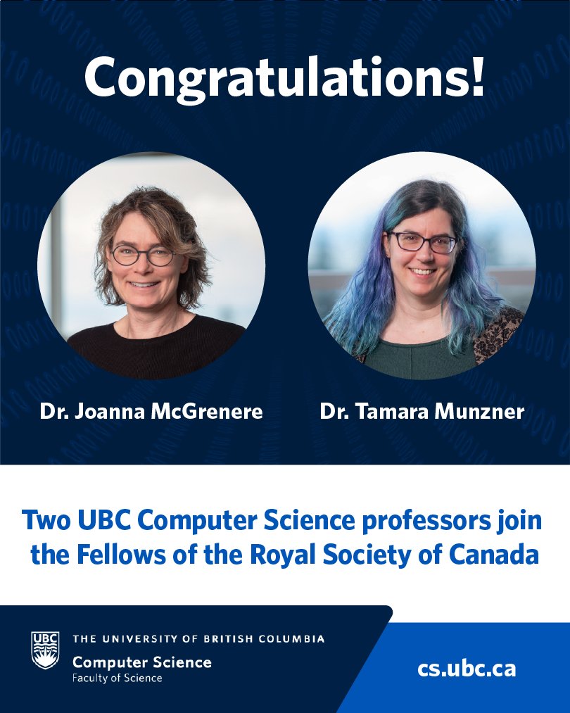 UBC_CS's tweet image. UBC Computer Science professors Dr. Joanna McGrenere and Dr. Tamara Munzner have been elected as Fellows of the Royal Society of Canada for their excellence in research and innovation. Read more about their work in our latest article: cs.ubc.ca/news/2025/09/d…