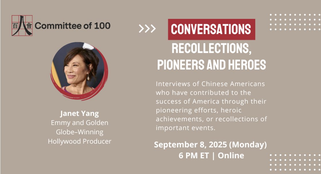 Committee100's tweet image. We'll be speaking to @janetyang1, Emmy and Golden Globe-winning Hollywood producer and President of the Academy of Motion Picture Arts and Sciences, very soon! RSVP now: bit.ly/4mNXviH 

#ChineseAmerican #AsianAmerican #Hollywood #JanetYang #AAPI #WomenInFilm #FilmAndTV