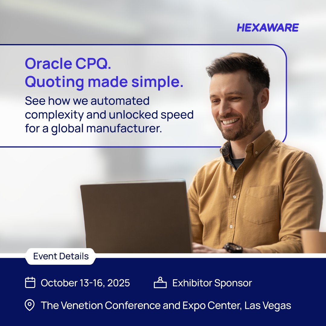 HexawareGlobal's tweet image. 50% shorter deal cycles. 70% faster quotes. 
We helped a global manufacturer streamline quoting with Oracle CPQ. 
See how → hexwr.com/41AuNZX
Book a 1:1 with our CPQ experts at #OracleAIWorld to unlock speed + scale → hexwr.com/4mjodi9
 #HexawareAtAIWorld…