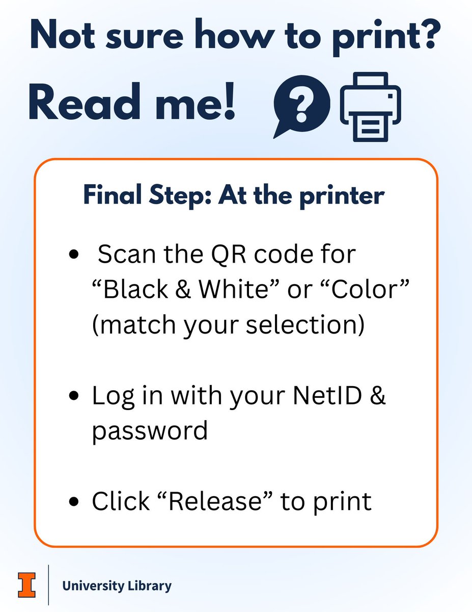 graingerlibrary's tweet image. Need help printing? Here’s a quick guide on how to print at the library! Grainger librarians are more than happy to help you at the circulation desk if you have issues. 🥰 For more detailed instructions, visit: library.illinois.edu/geninfo/printi…