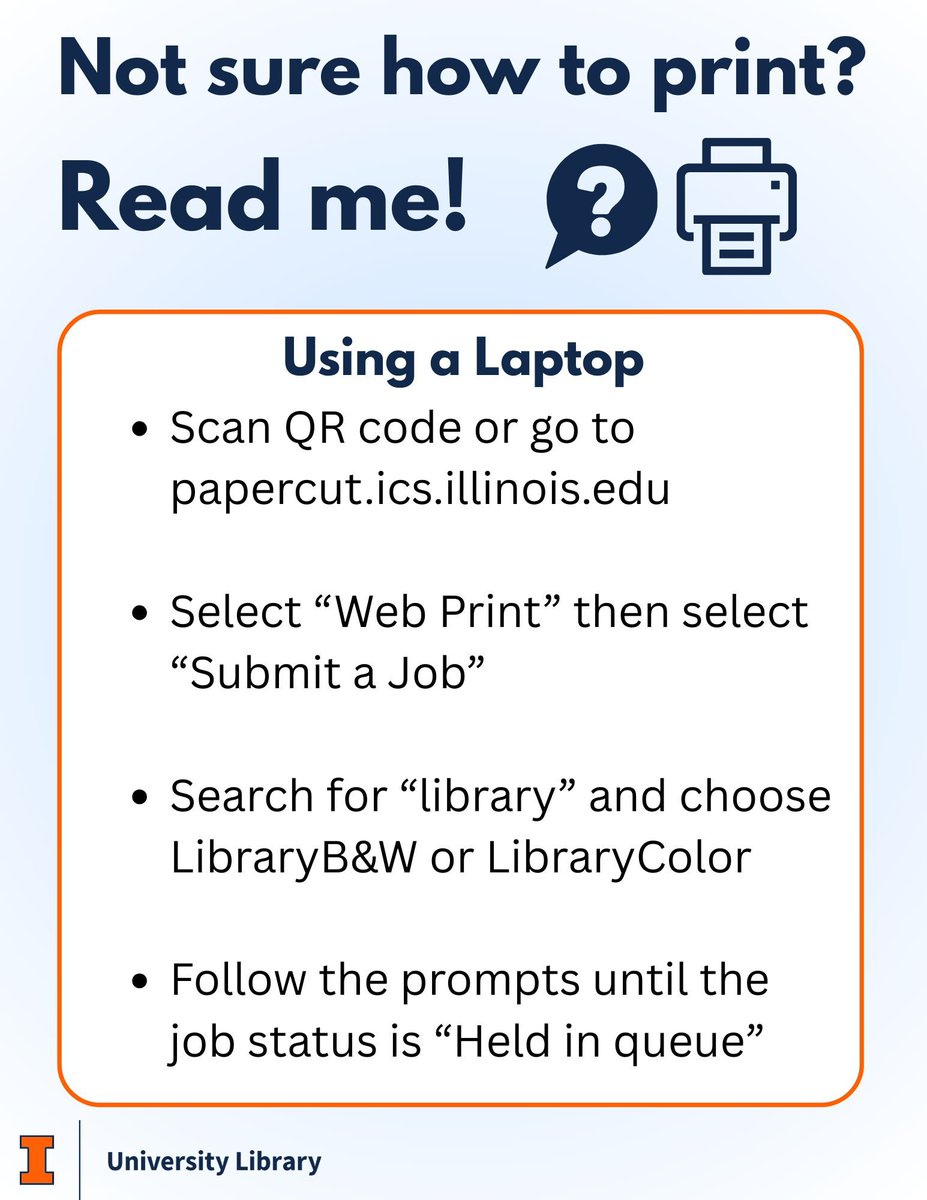 graingerlibrary's tweet image. Need help printing? Here’s a quick guide on how to print at the library! Grainger librarians are more than happy to help you at the circulation desk if you have issues. 🥰 For more detailed instructions, visit: library.illinois.edu/geninfo/printi…