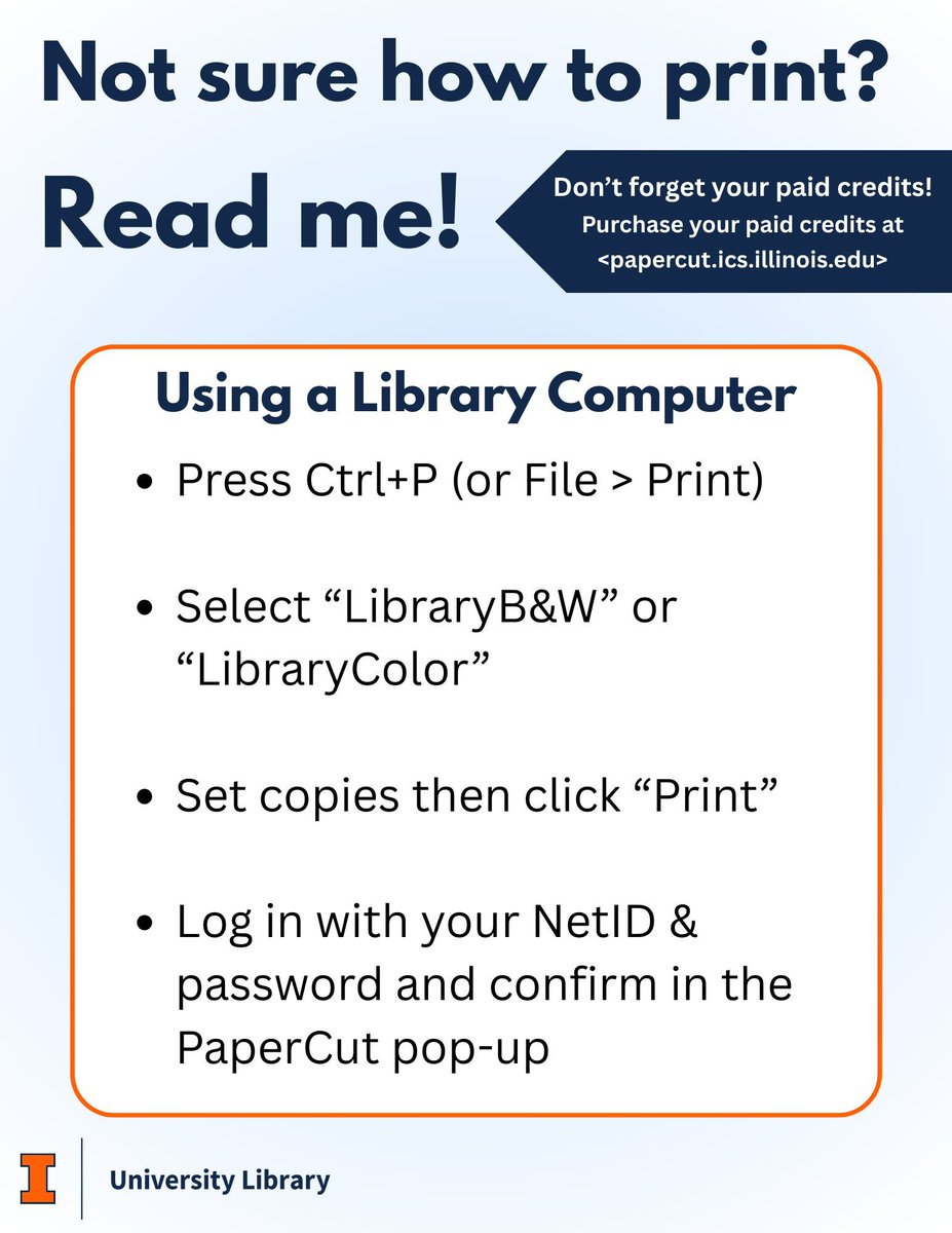 graingerlibrary's tweet image. Need help printing? Here’s a quick guide on how to print at the library! Grainger librarians are more than happy to help you at the circulation desk if you have issues. 🥰 For more detailed instructions, visit: library.illinois.edu/geninfo/printi…