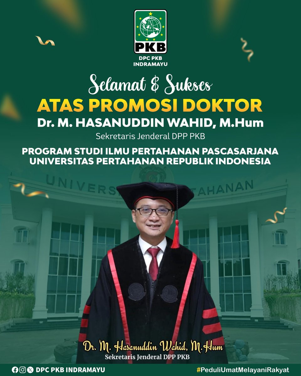 Selamat &amp; sukses kepada Sekretaris Jenderal PKB <a href="/EmHasanuddin/">M Hasanuddin Wahid</a>, atas keberhasilan meraih gelar Doktor dalam Program Studi Ilmu Pertahanan Universitas Pertahanan RI. Semoga ilmu dan pengabdian beliau semakin membawa manfaat besar bagi bangsa, negara, dan perjuangan PKB.