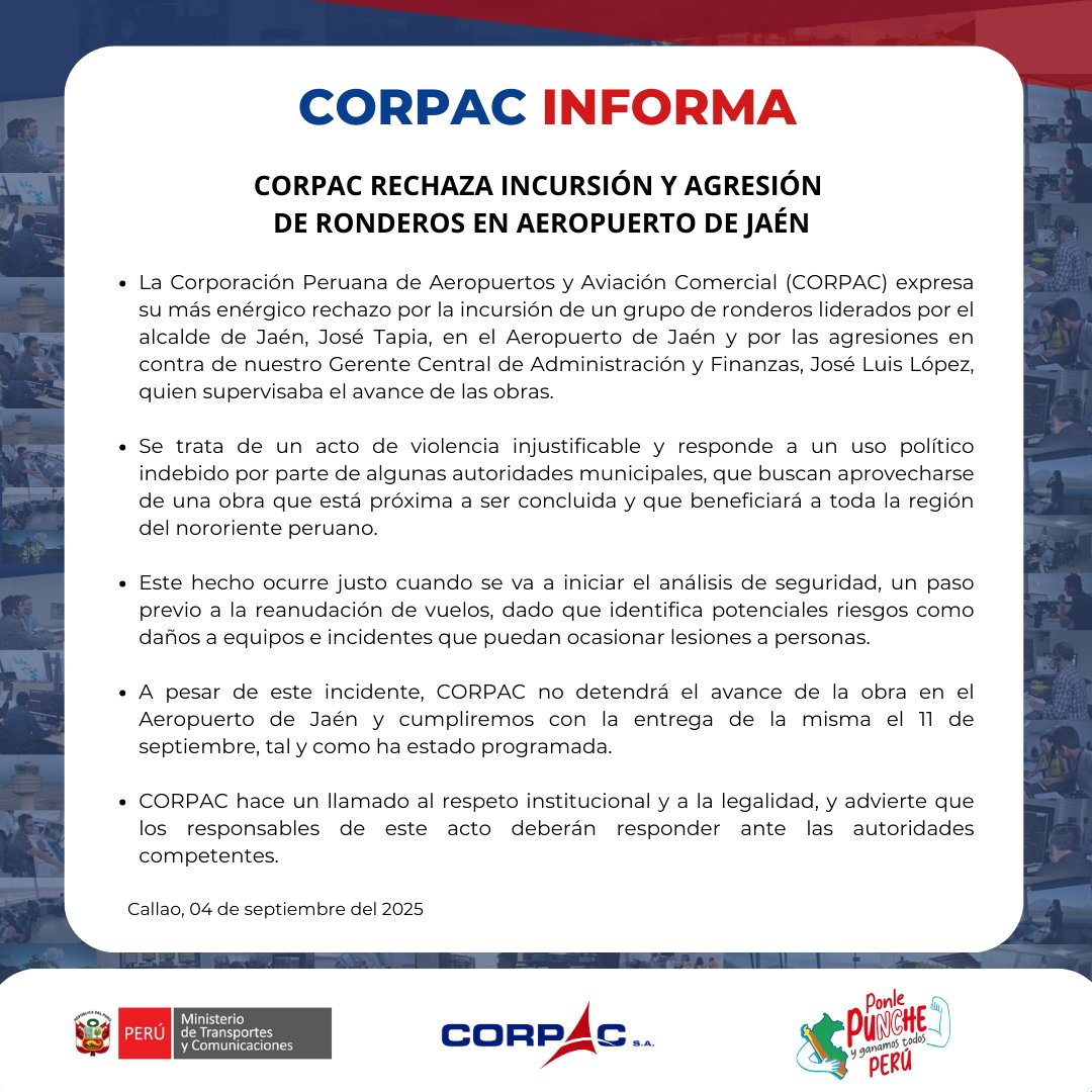 🔴Comunicado | #AeropuertoDeJaén

#CORPAC #JoséTapia