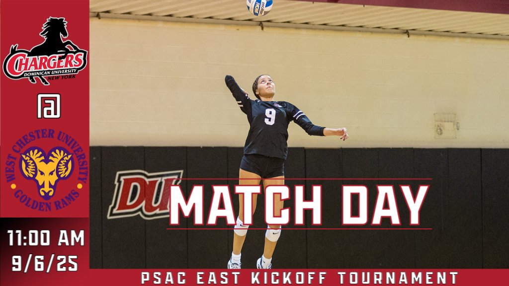 The women's volleyball team wraps up their season opening weekend trip to West Chester, Pa. as they take on the Golden Rams at 11:00 AM. Let's go Lady Chargers!