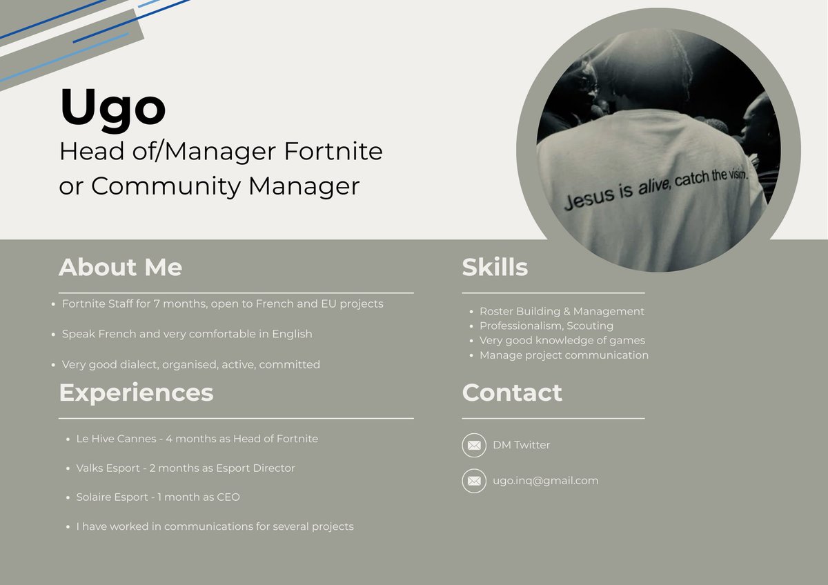UgoComm's tweet image. F/A POST 

I'm currently a free agent looking for new opportunities at these following positions. ⤵️

- Head of/Manager Fortnite
- Community Manager 

For further information, reach out to me via DM's or ugo.inq@gmail.com 📩