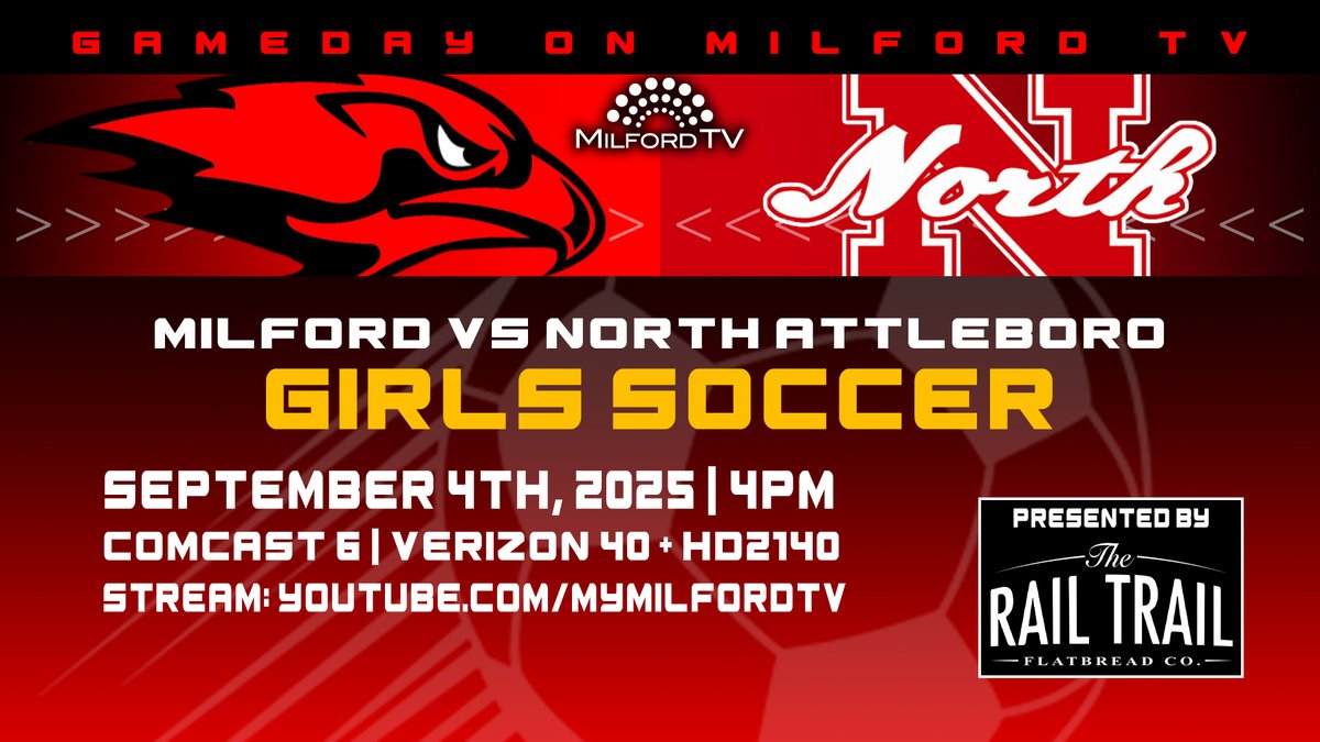 2025 Fall Sports coverage continues today at 4pm as MHS Girls Soccer takes on North Attleboro!

Comcast 6
Verizon 40 + HD2140
Stream: youtube.com/mymilfordtv

Presented by <a href="/RailTrailFBCo/">The Rail Trail Flatbread Company</a>