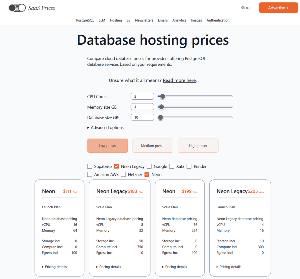 Updated database pricing calculator to the new price plan from <a href="/neondatabase/">Neon Postgres</a> 

Check the calculator at SaaSPrices

You'd get cheaper usage, about 45% reduction on our low preset. The more you use the more you save!

You can also scale the hardware much higher with the new