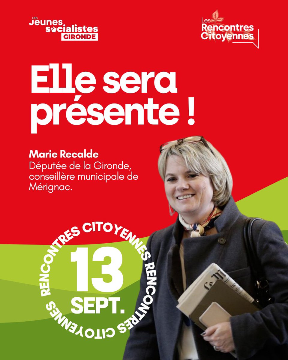 Jean Luc Gleyze, <a href="/HarribeyLauren1/">Laurence Harribey</a>, <a href="/HazouardMathieu/">Mathieu Hazouard</a> et Marie Recalde seront présent•e•s aux Rencontres Citoyennes ! 

Vous les retrouverez autour d’une table ronde interactive passionnante.

Inscris toi sur le lien en bio ! À samedi prochain !