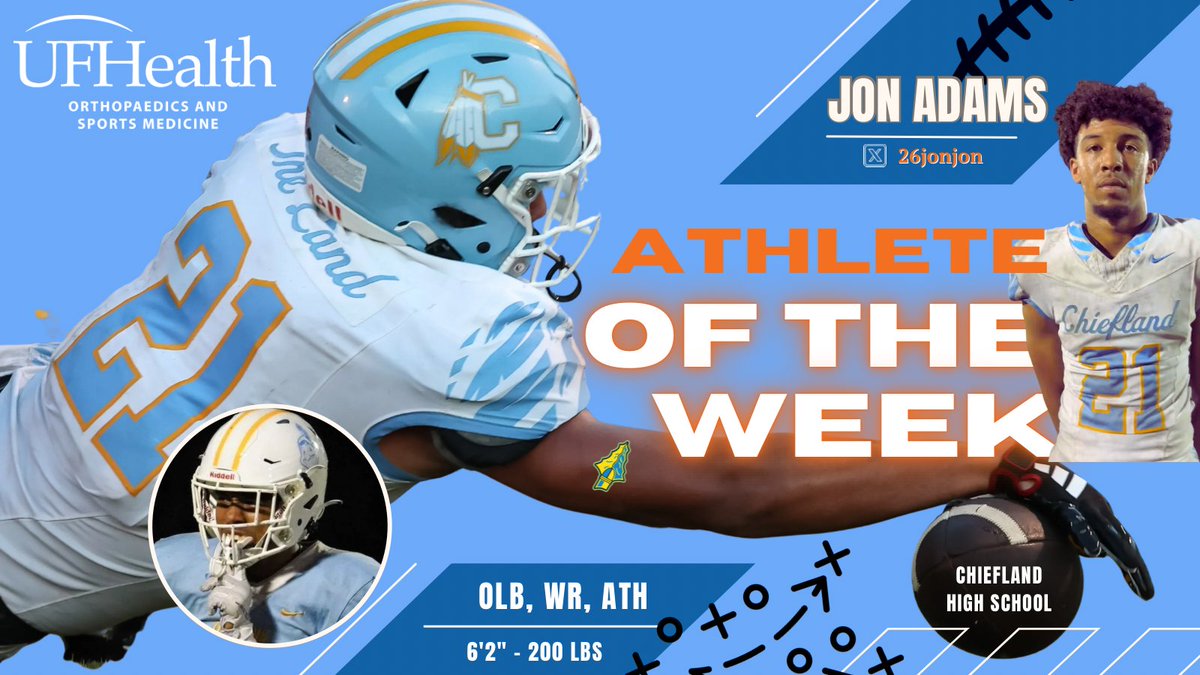 <a href="/ChieflandFtbl/">Chiefland Football</a> Senior Jon Adams scored 3 times, including the game-winner in 2OT, to take down rival Williston and is your UF Health Athlete of the Week!  

Defense. Leadership. Heart. The Louisville commit is on a mission

<a href="/26jonjon/">Jon Adams</a>