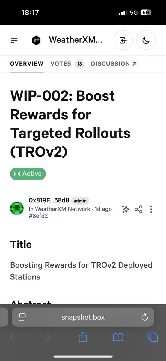 ilCapoFox's tweet photo. Important @WeatherXM has just released WIP-002, and if you're a Station Owner, I recommend voting Against ❌
Voting will be open until September 10th.
This proposal introduces a 2-year Rewards Boost ONLY for all stations deployed under Targeted Rollouts (TROv2).
What is TROv2? TROv2 refers only to remote installations carried out by WeatherXM (or partnerships like @DabbaNetwork), and NOT those of us miners.
So, if you've physically purchased a WeatherXM station, you're not TROv2.
For more info check here: https://t.co/EQEyaulacy

If this proposal passes, there will be a reduction in rewards for miners or station owners, as a portion of the pool will be used as Boost Rewards for TROv2.
And given the current earnings of a WeatherXM station, I don't consider it a good choice, which is why I'm voting against it.
In any case, read the proposal and decide as you wish

Vote here:
https://t.co/afTz7wXVos

#DePIN #WeatherXM #WIP #Proposal #Vote