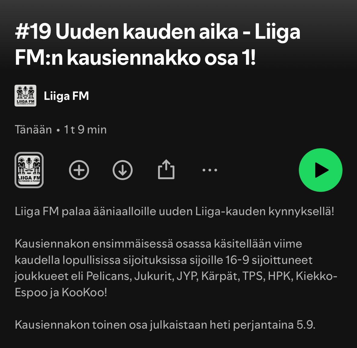 Pitihän se alkaa jo ennakoimaan alkavaa Liiga-kautta yhdessä <a href="/joonaspuomio/">Joonas Puomio</a> kanssa! 🎙️

Kausiennakko osa 1 kuunteluun ➡️ open.spotify.com/episode/4WirvM…

#Liiga