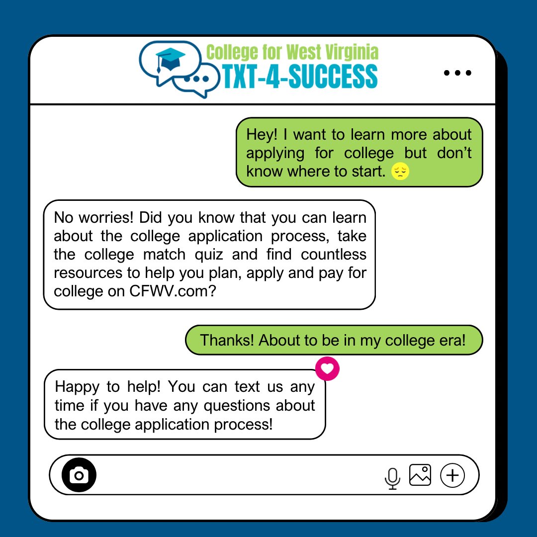 🎓 Seniors! Get free college tips 📲 

Text CFWV to 304-912-CFWV(2398) and join Txt-4-Success today!

Learn more here ➡️ cfwvconnect.com/txt-4-success/