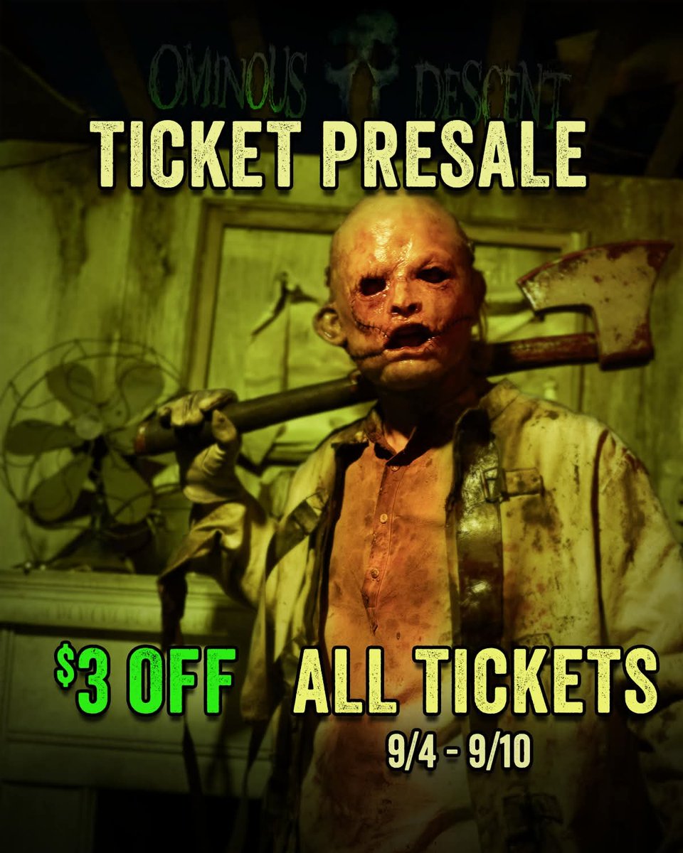 TICKET PRESALE - $3 OFF
app.hauntpay.com/events/ominous…
All tickets purchased from 9/4 to 9/10 will automatically be discounted $3!
Save up to 15% when you buy your tickets now!