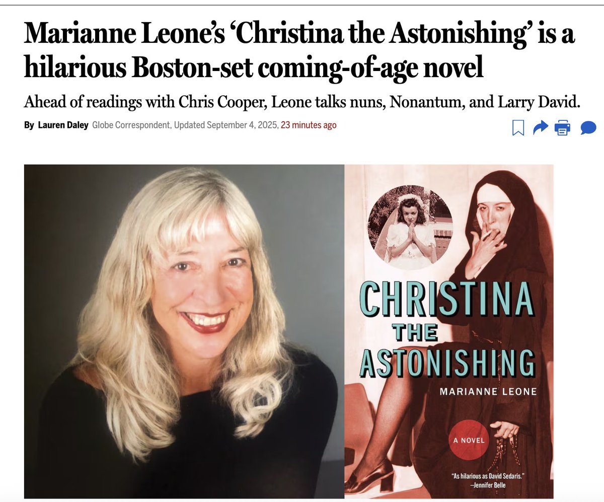 I laughed my way through Marianne Leone's Boston-set coming-of-age novel. Then we laughed our way through an interivew on nuns, Newton &amp; #LarryDavid. The Sopranos alum reads w Chris Cooper this week. My latest for <a href="/BostonGlobe/">The Boston Globe</a> 
bostonglobe.com/2025/09/04/art…