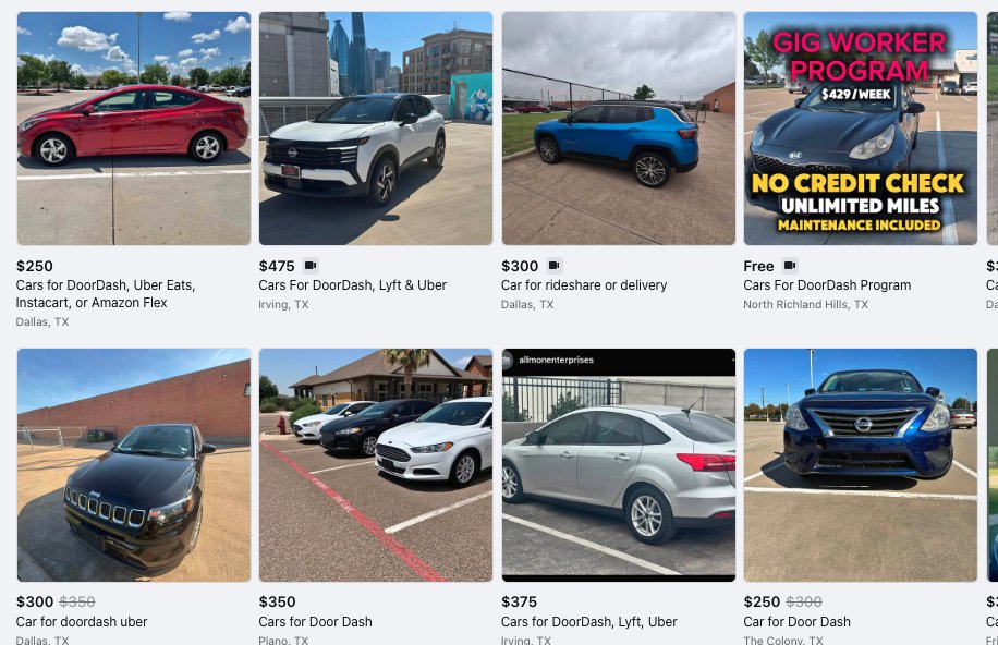 Did you know there's an underground industry out there called "cars for Door Dash." Here's how it works:

- Buy a "cheap" but reliable car for $7-$10k
- Properly insure it
- Rent it out for ~$400 per week on FB Marketplace to Door Dash drivers

But WHY does this work? Well...