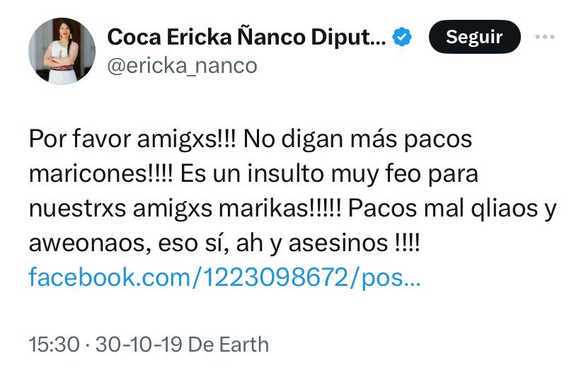 Este "bot" el 2019 se refería a nuestros Carabineros como "pacos mal qliaos, aweonaos y asesinos".

Hoy, es diputada de la República. Le pagamos el sueldo.

Pero claro... la democracia está en juego por 6 tuiteros q se dedican a tirar factos y abrirle los ojos al resto como