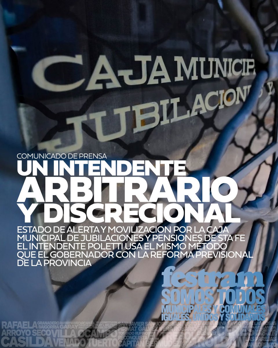 FESTRAM EN ESTADO DE ALERTA Y MOVILIZACION POR LA CAJA MUNICIPAL DE JUBILACIONES Y PENSIONES
EL INTENDENTE POLETTI USA EL MISMO MÉTODO QUE EL GOBERNADOR CON LA REFORMA PREVISIONAL DE LA PROVINCIA
municipales.org.ar/festram/festra…