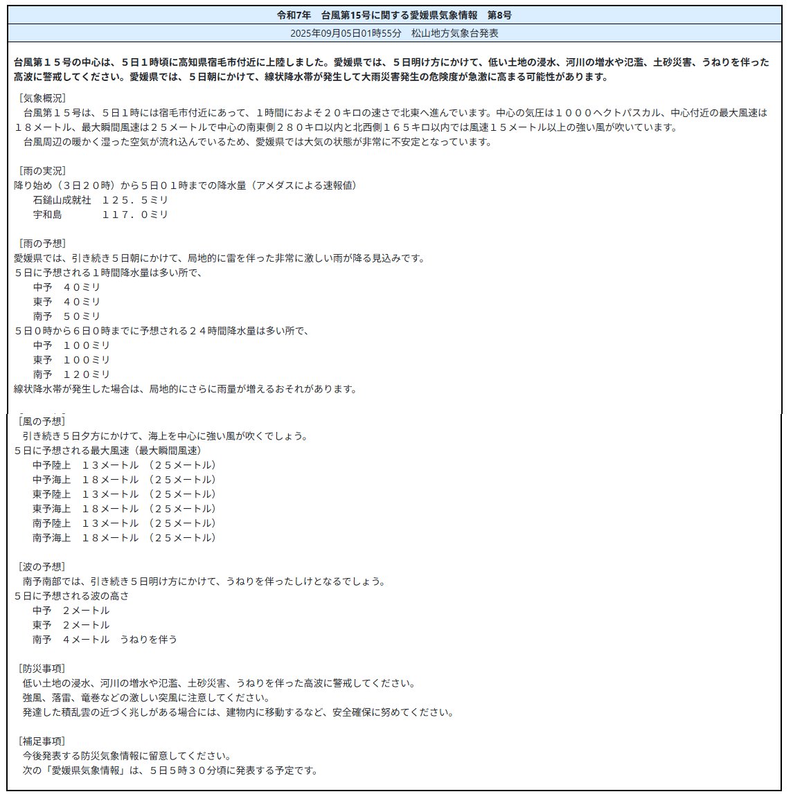 令和7年台風第15号に関する愛媛県気象情報 第8号 2025年09月05日01時55