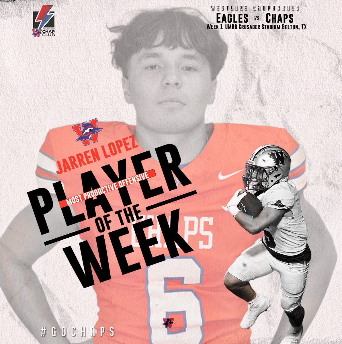 Jarren Lopez made his varsity debut and led the Chaps in rushing with 84-yards and a touchdown. Lopez also caught two passes for 22-yards, returned 3 kicks for 83-yards and recorded 189 all-purpose yards to earn the Most Productive Offensive Player of the Week. #GoChaps