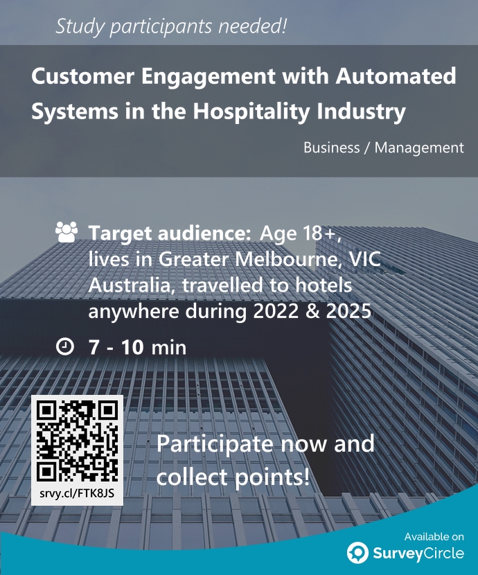 top_studies's tweet image. Participants needed for top-ranked study on SurveyCircle:

&quot;Customer Engagement with Automated Systems in the Hospitality Industry&quot; surveycircle.com/FTK8JS/ via @SurveyCircle

#AutomatedSystems #hotels #CustomerPerspective #EmotionalSocialAspect #survey #surveycircle